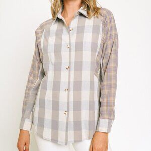 MYSTREE Plaid Button Down Shirt, Neutral Grey Beige Mix, Long Sleeve Oversized